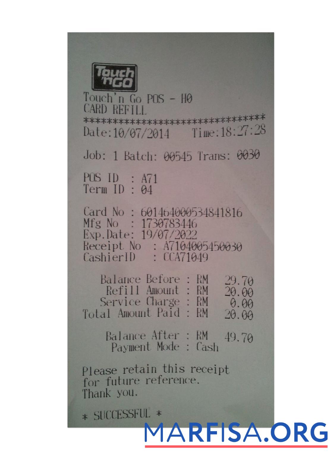 Blank TOUCH'N GO receipt real example